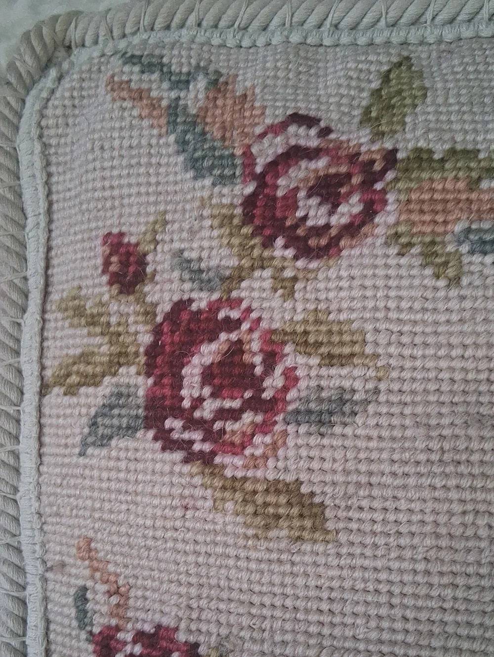 Vintage Petit Point Needlepoint Accent Pillow Shabby Chic Cottage Floral Roses